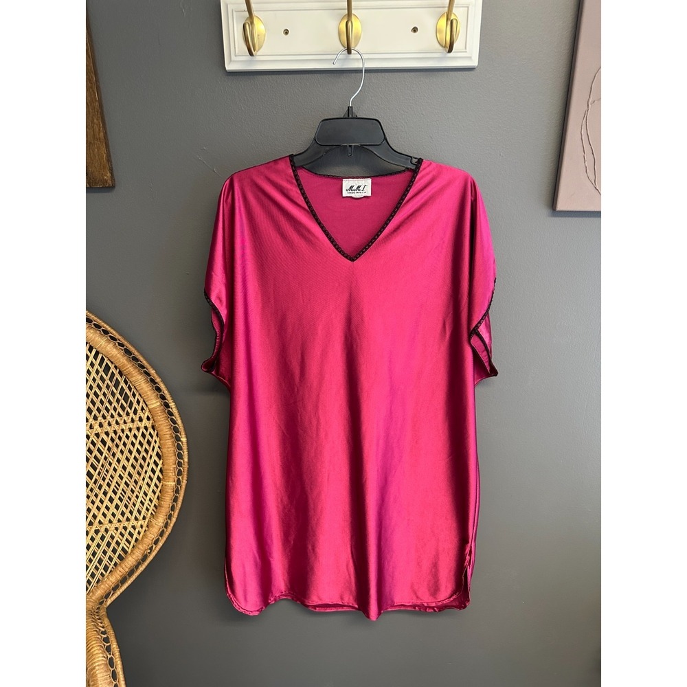 Vintage MMI Womens XL Nightgown Fuscia Pink Night Shirt 90s Satin Sleepwear USA